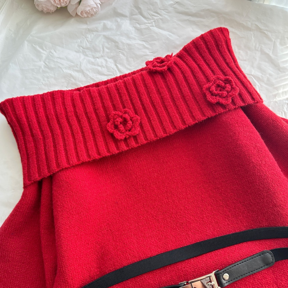 Flat shoulder christmas slim sweater dress winter red dress