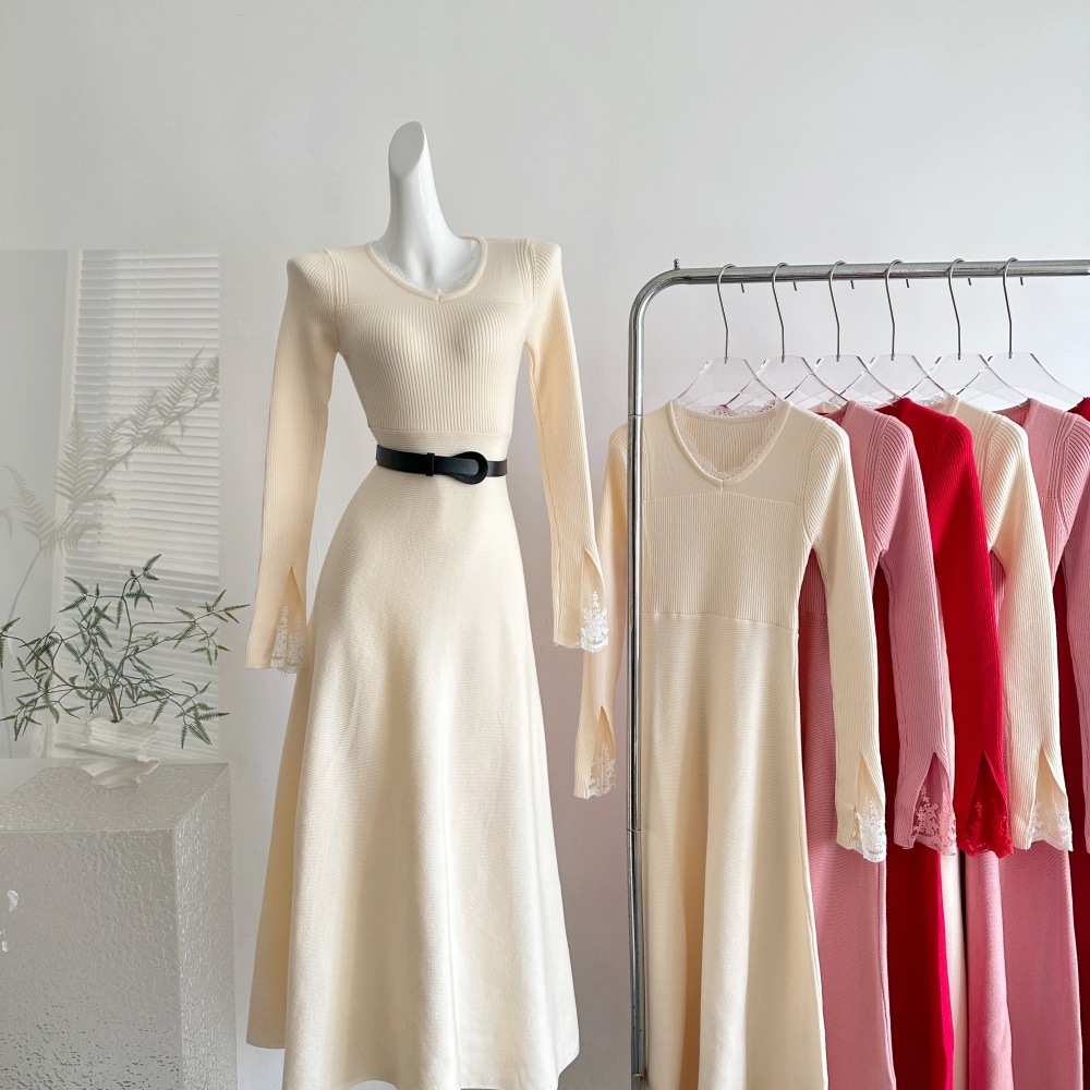 Pinched waist A-line dress knitted stereoscopic sweater dress