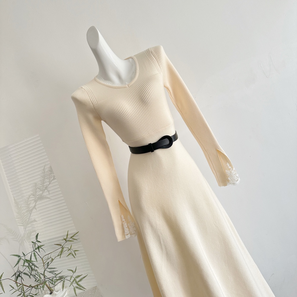 Pinched waist A-line dress knitted stereoscopic sweater dress