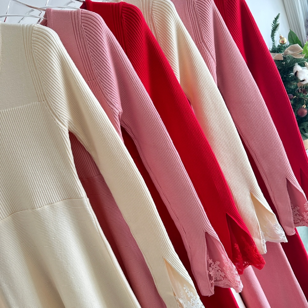 Pinched waist A-line dress knitted stereoscopic sweater dress