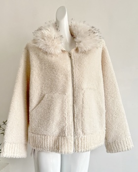 Fur collar thermal coat winter lambs wool tops for women