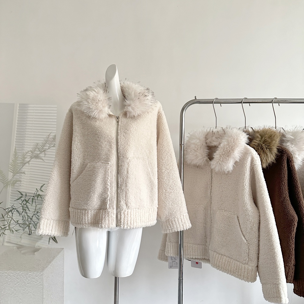 Fur collar thermal coat winter lambs wool tops for women