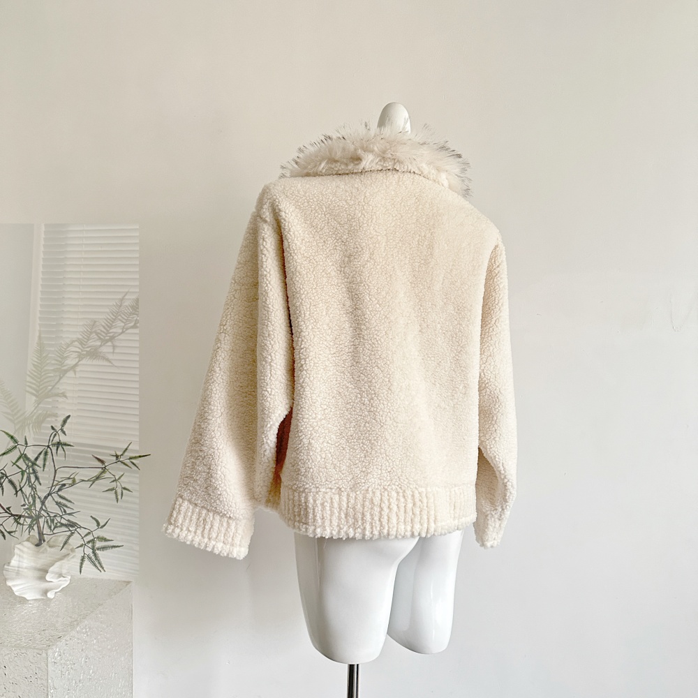 Fur collar thermal coat winter lambs wool tops for women