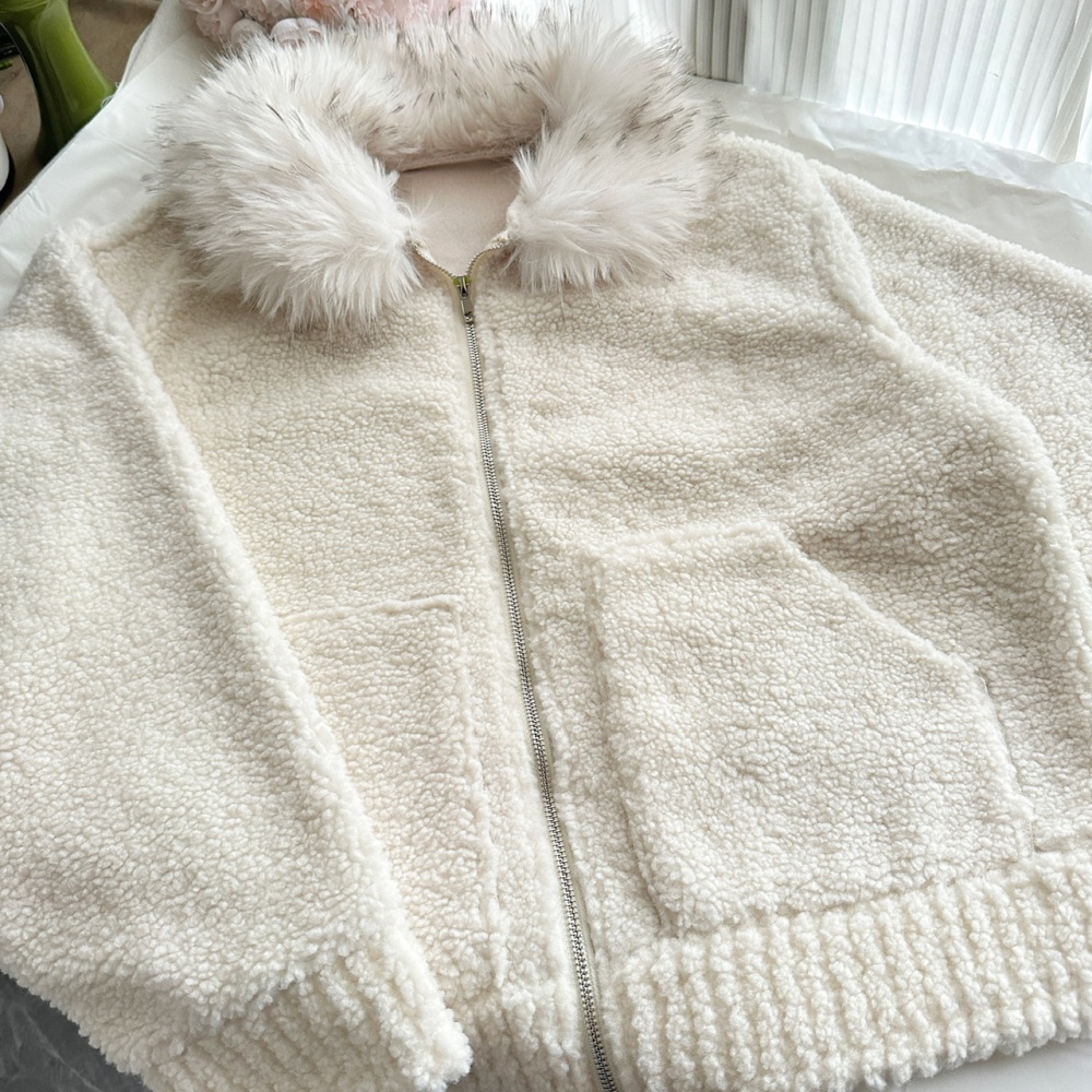 Fur collar thermal coat winter lambs wool tops for women