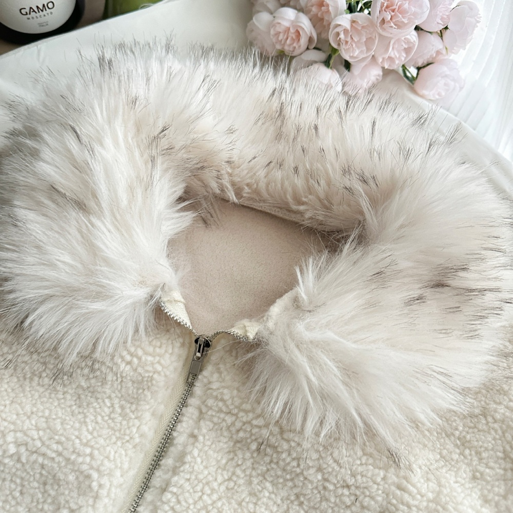 Fur collar thermal coat winter lambs wool tops for women