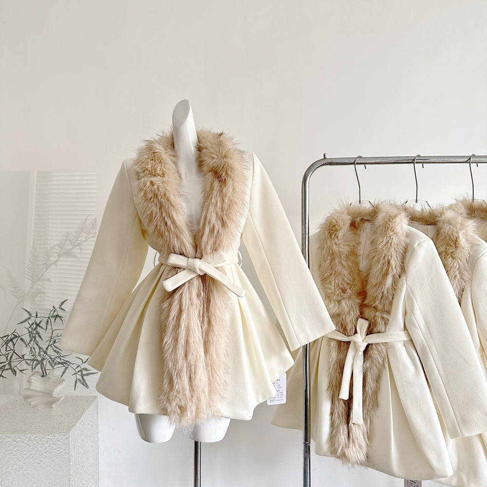 Stitching pinched waist faux fur coat white woolen overcoat
