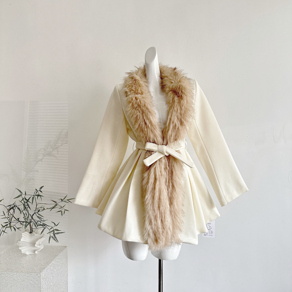Stitching pinched waist faux fur coat white woolen overcoat