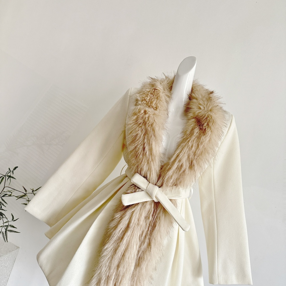 Stitching pinched waist faux fur coat white woolen overcoat