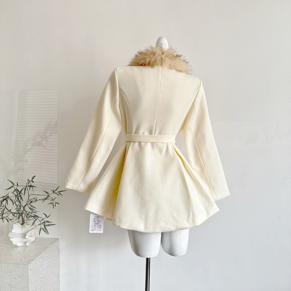 Stitching pinched waist faux fur coat white woolen overcoat
