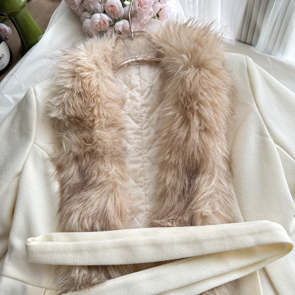 Stitching pinched waist faux fur coat white woolen overcoat