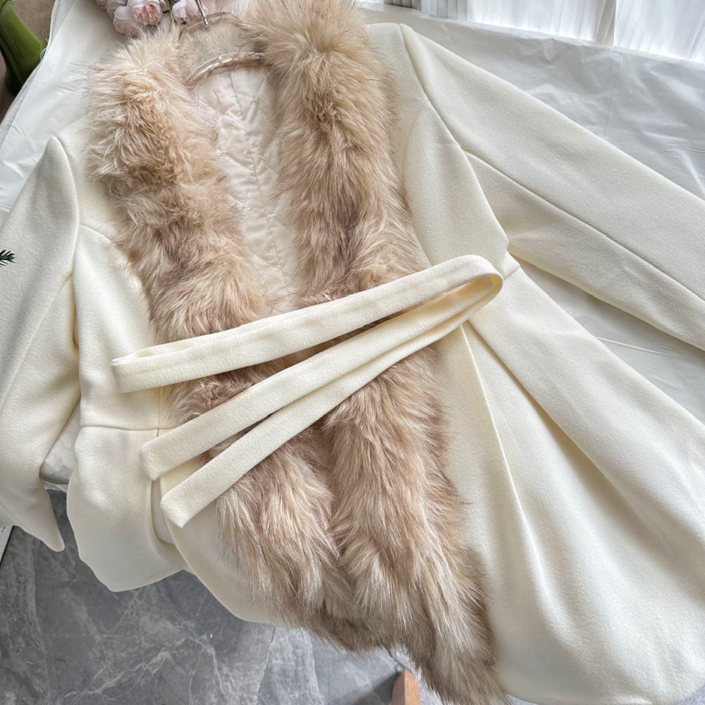 Stitching pinched waist faux fur coat white woolen overcoat