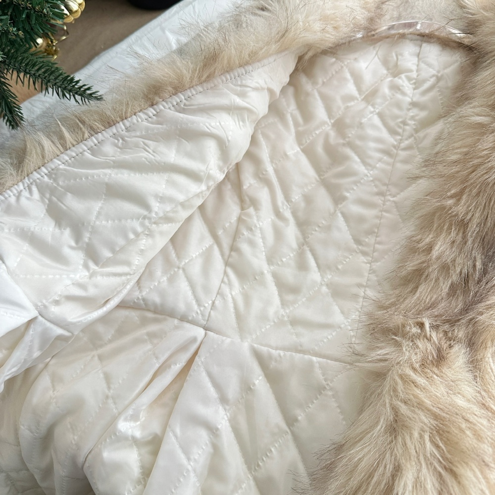 Stitching pinched waist faux fur coat white woolen overcoat