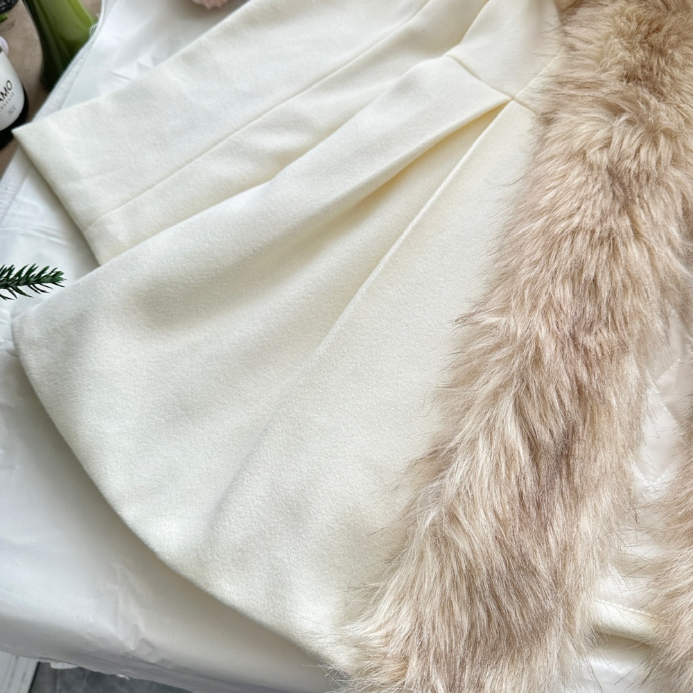 Stitching pinched waist faux fur coat white woolen overcoat