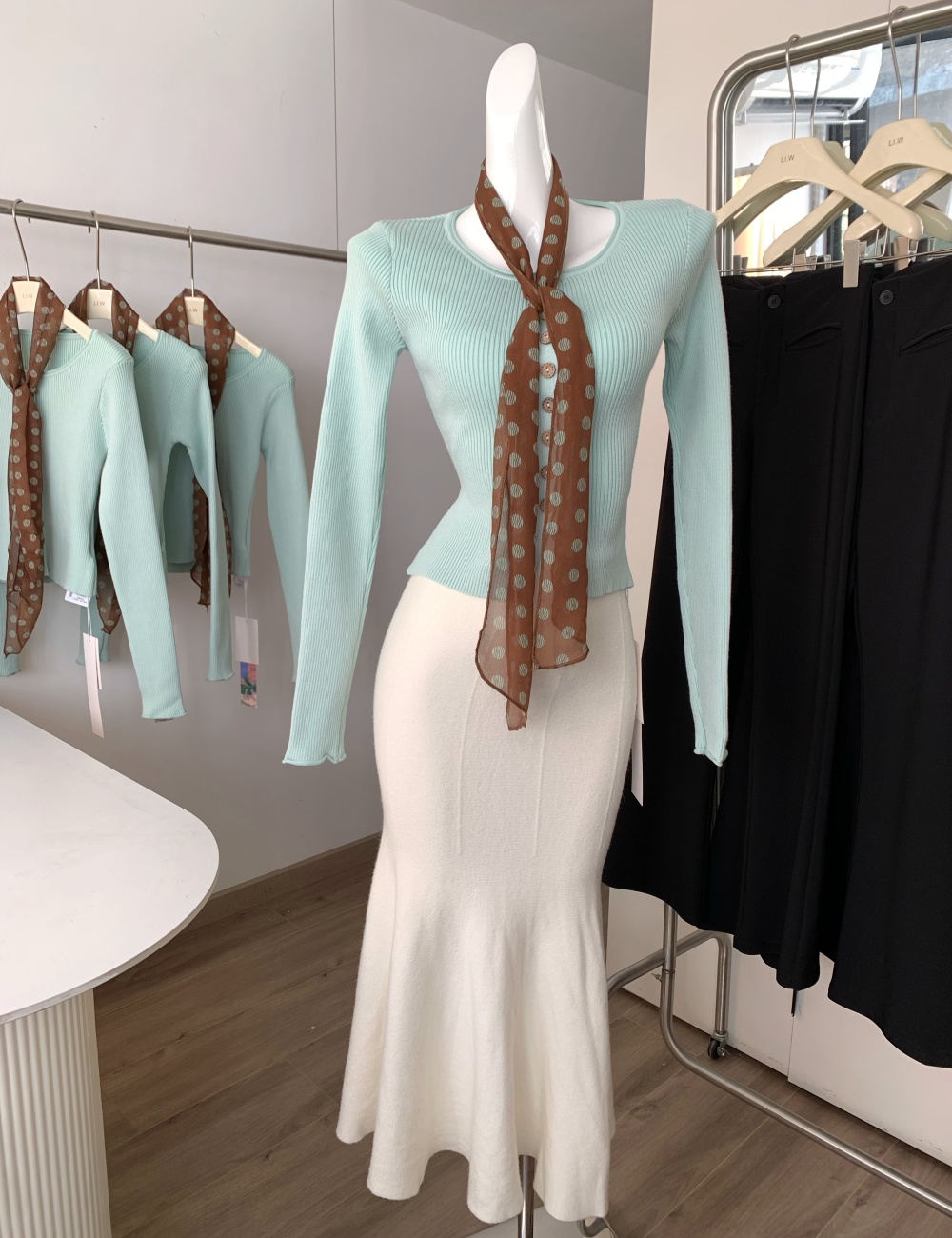 Thin green short cardigan autumn slim sweater for women