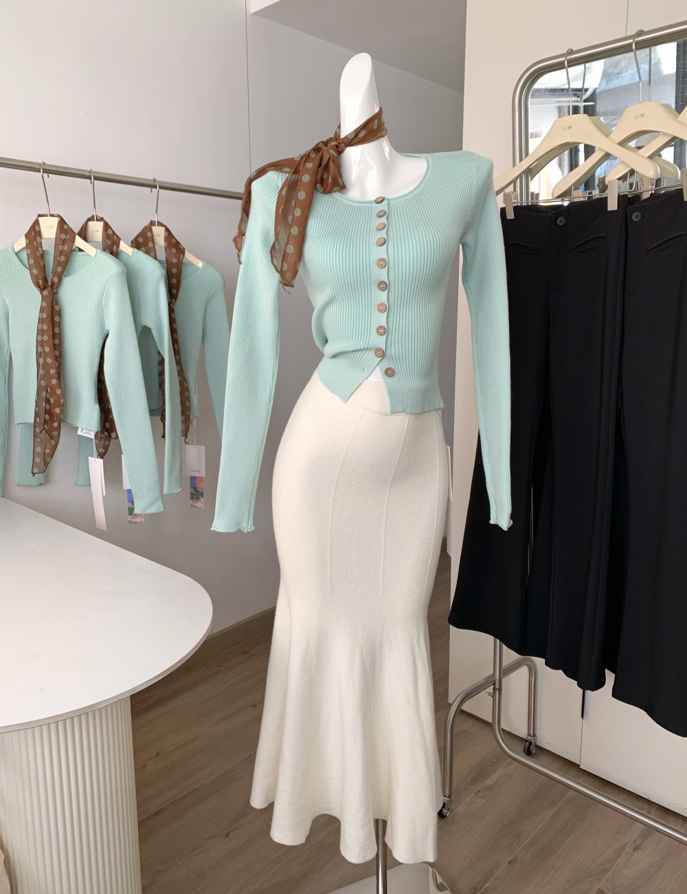 Thin green short cardigan autumn slim sweater for women