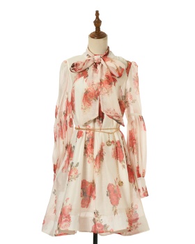 Lantern loose T-back printing long sleeve long dress