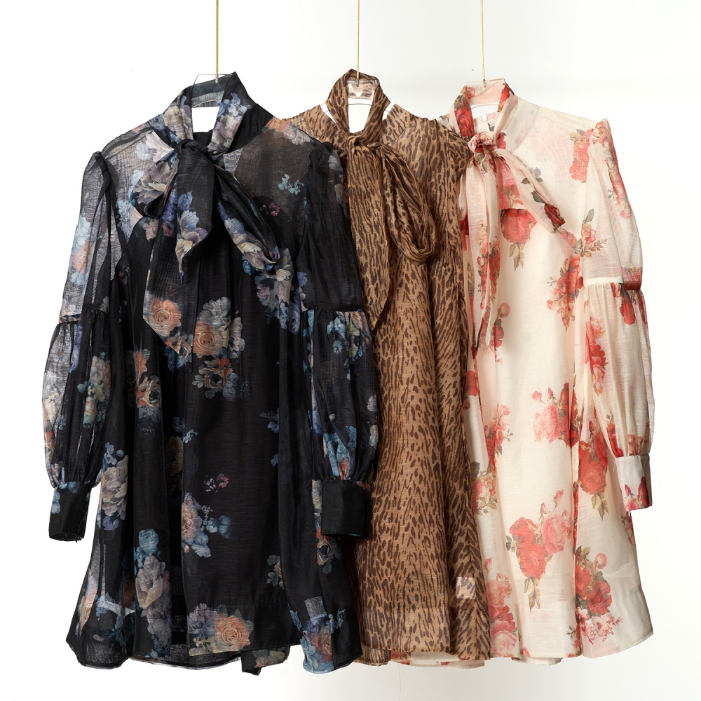Lantern loose T-back printing long sleeve long dress