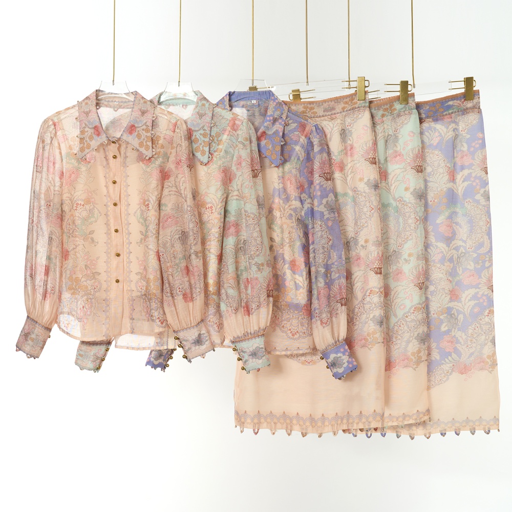 Silk linen flowers shirt vacation skirt a set for women