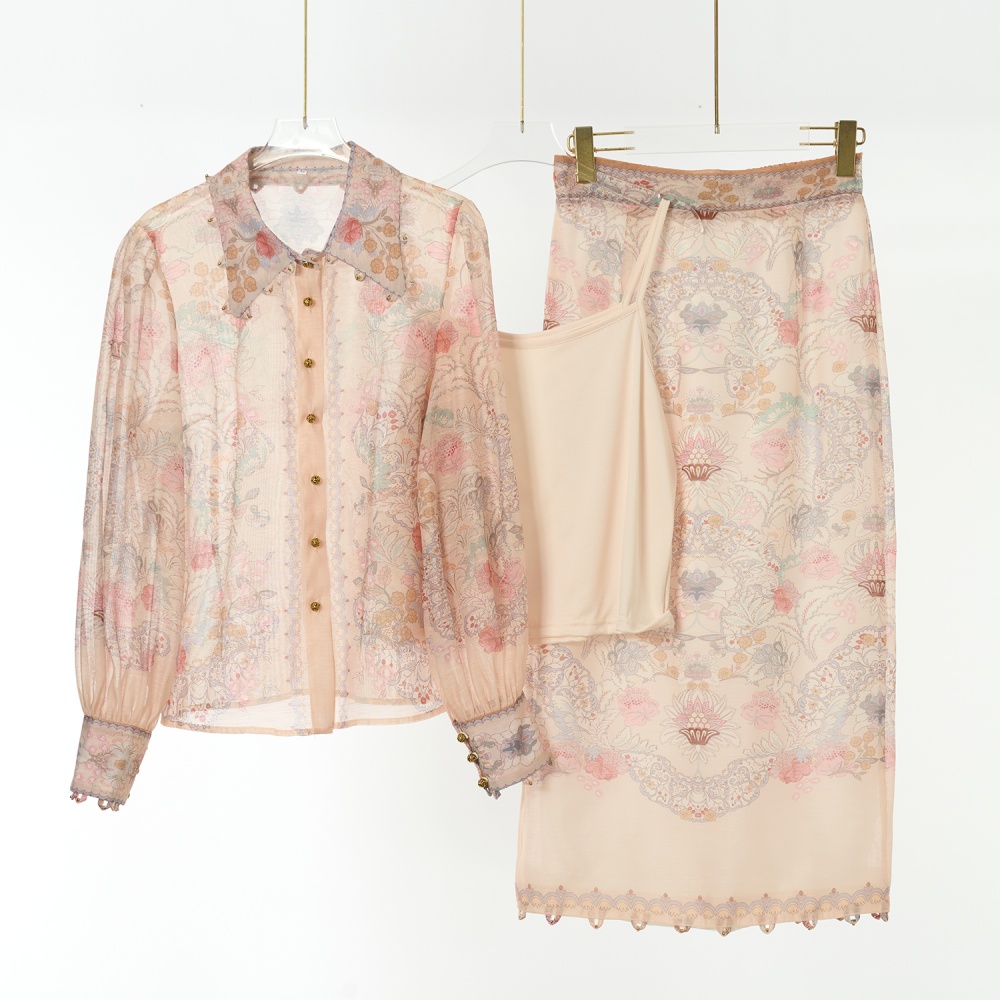 Silk linen flowers shirt vacation skirt a set for women