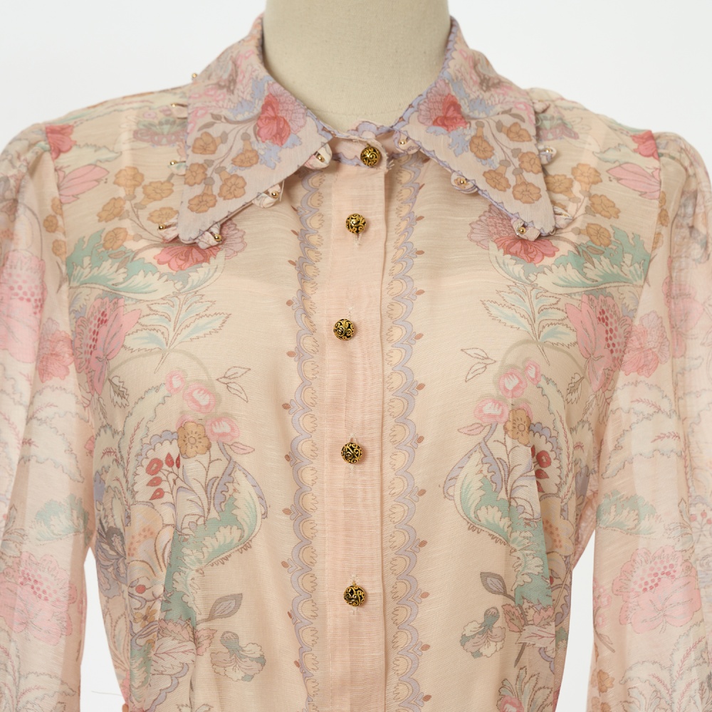 Silk linen flowers shirt vacation skirt a set for women