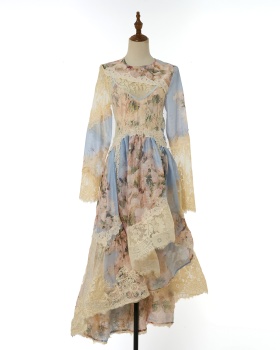 Irregular lantern sleeve long printing dress