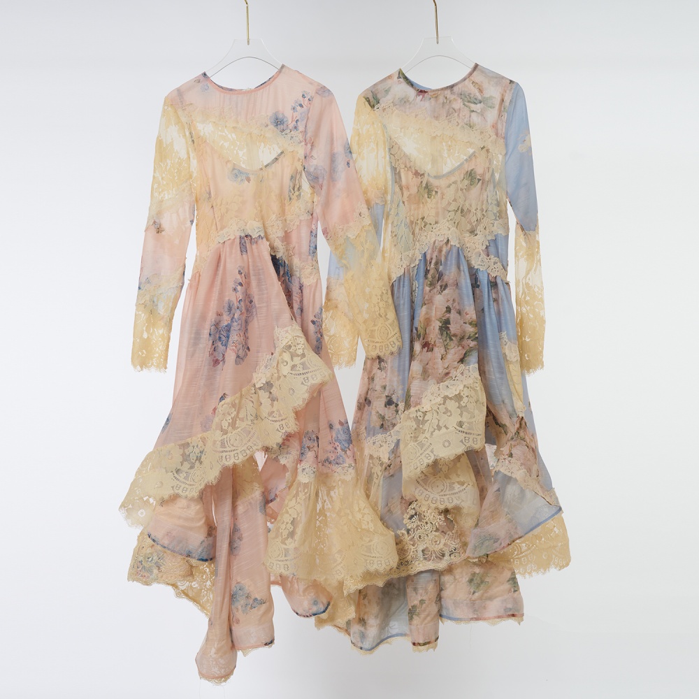 Irregular lantern sleeve long printing dress