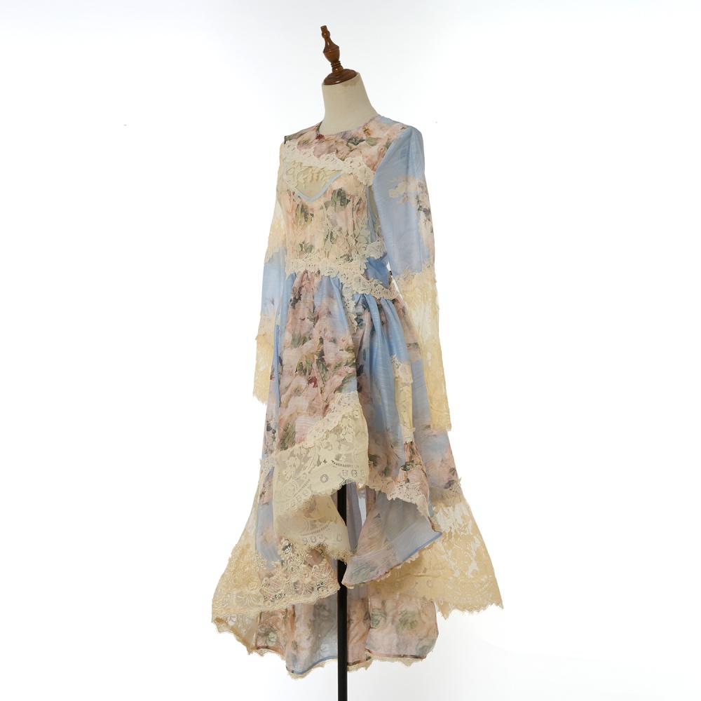 Irregular lantern sleeve long printing dress