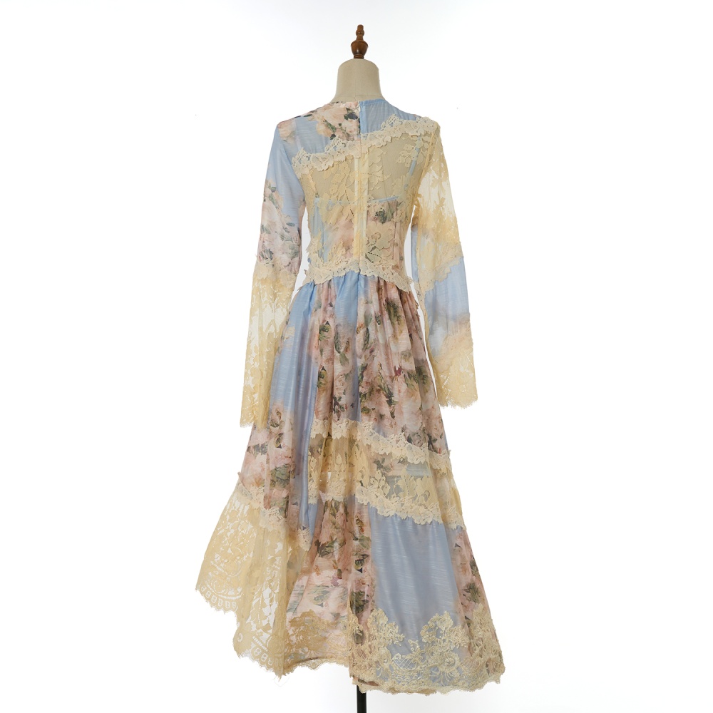 Irregular lantern sleeve long printing dress