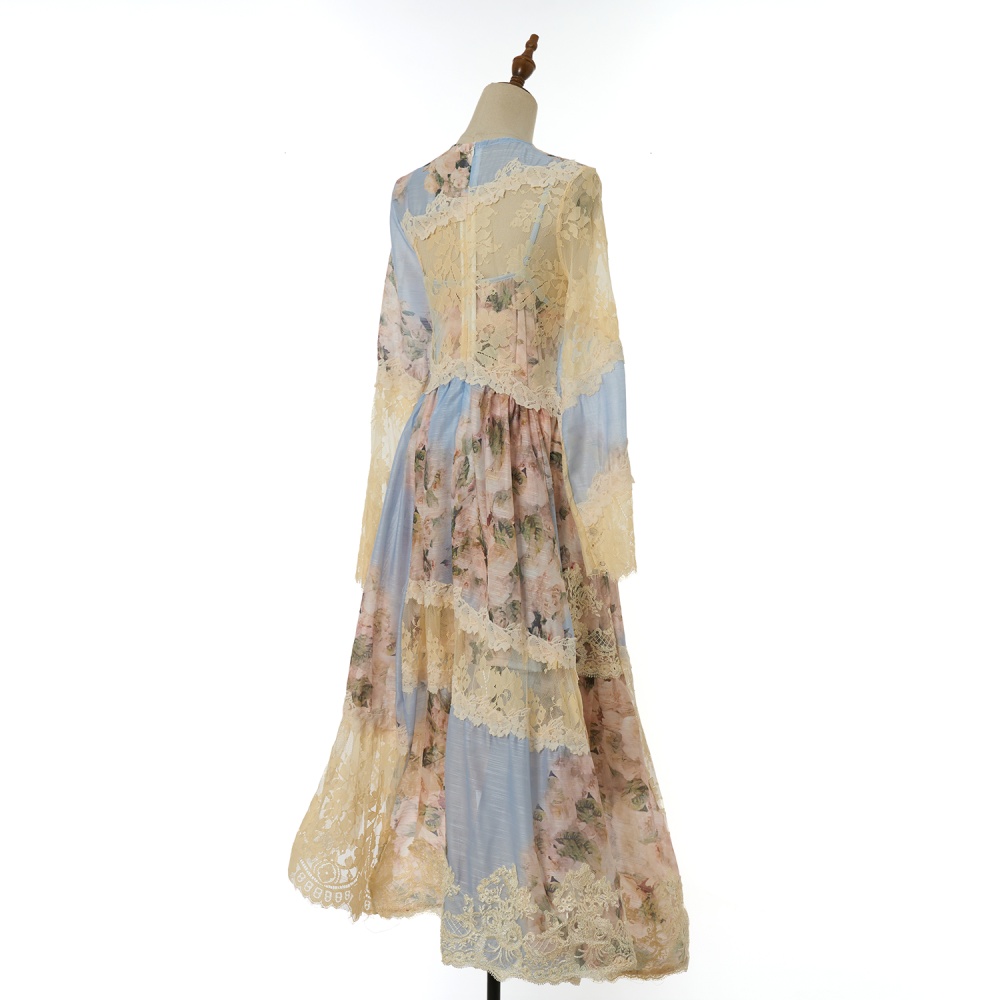 Irregular lantern sleeve long printing dress