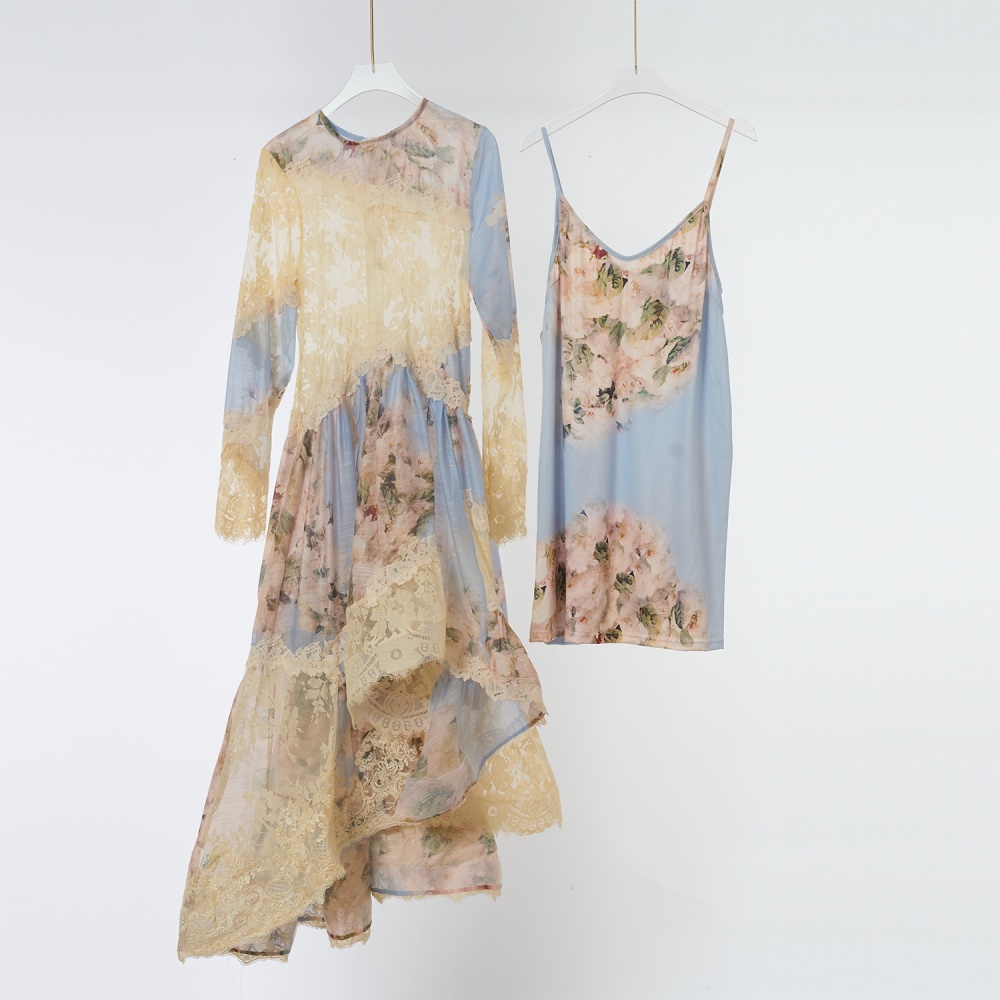 Irregular lantern sleeve long printing dress