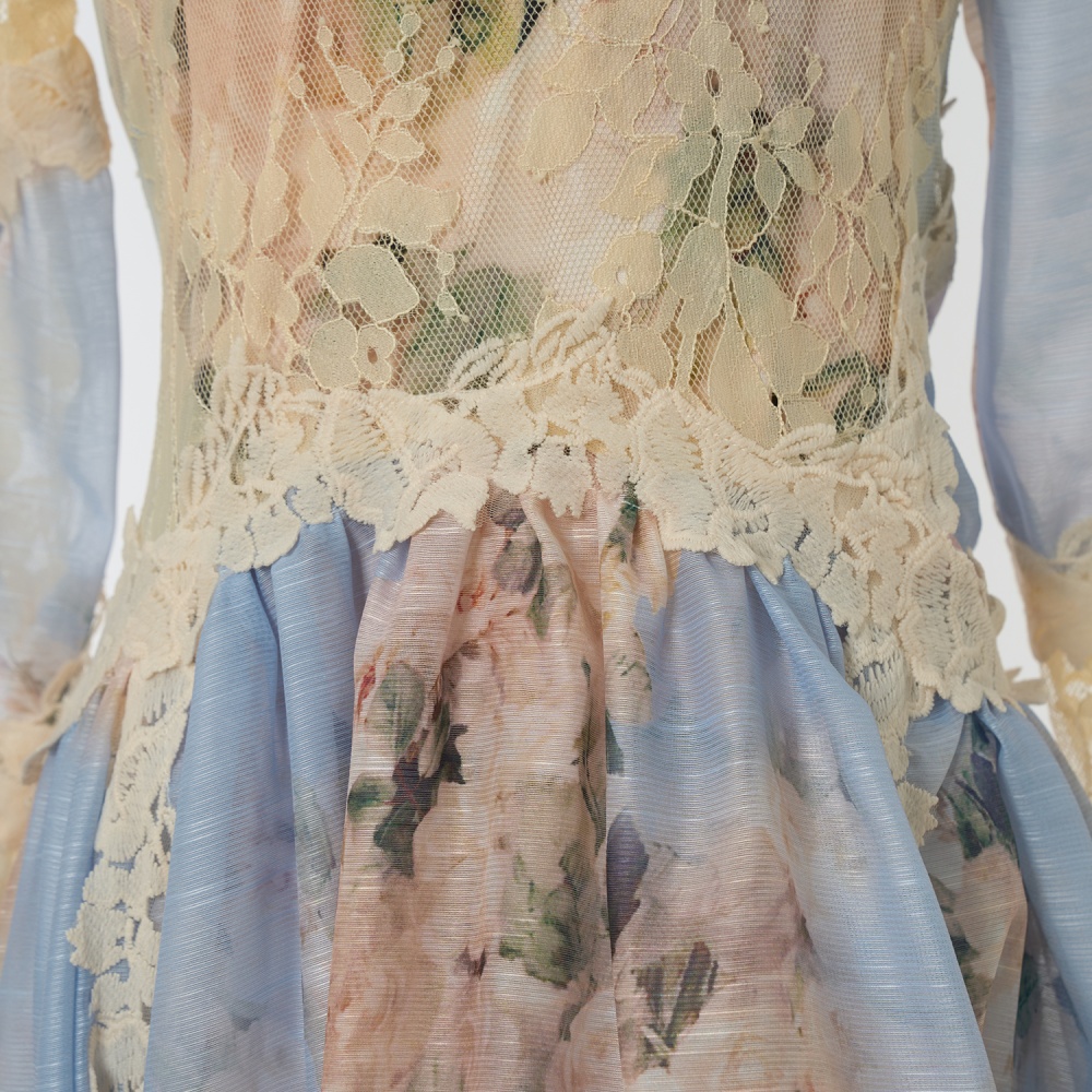 Irregular lantern sleeve long printing dress