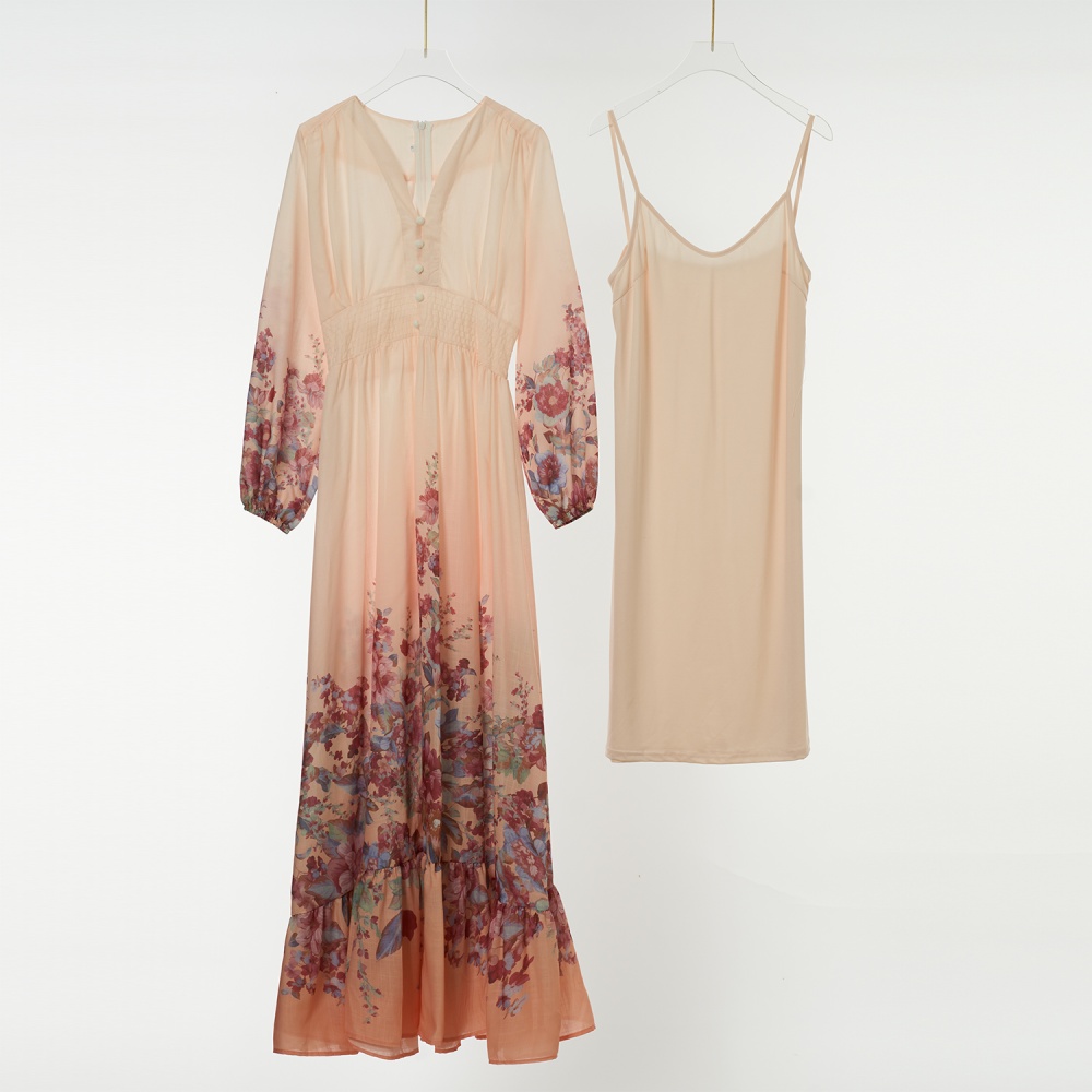 Flowers pattern elegant style vacation cotton dress