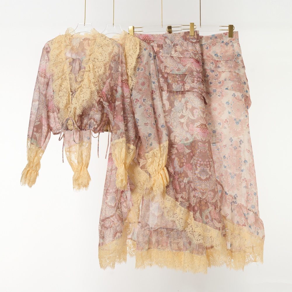 Vacation long silk linen skirt printing short tops a set