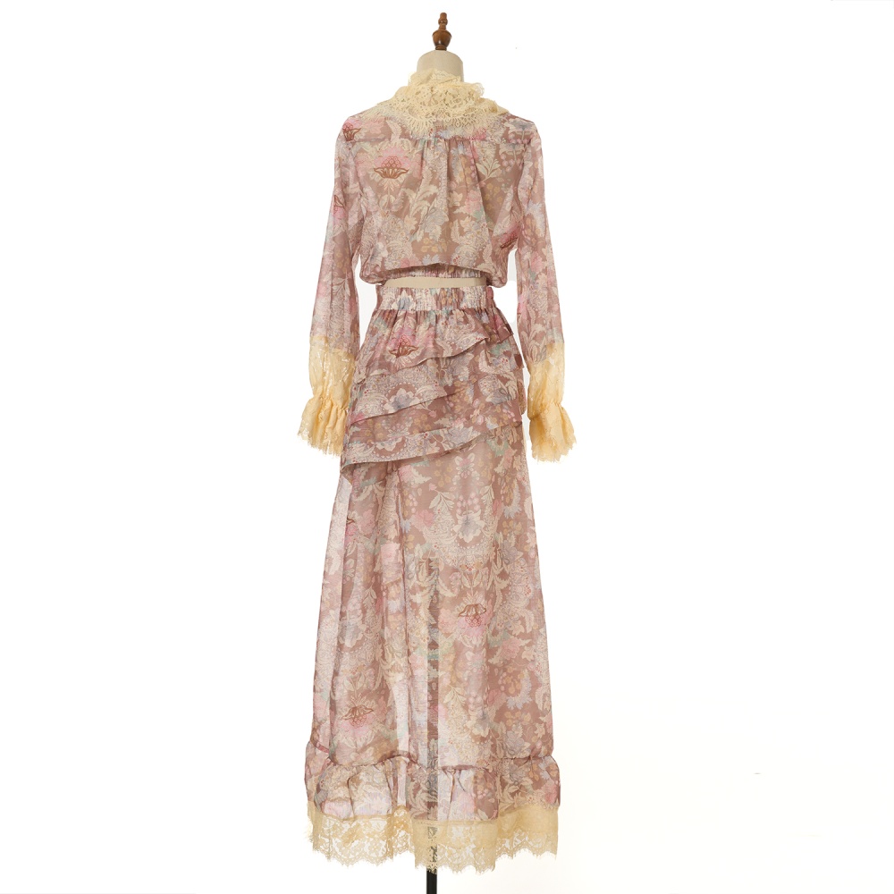 Vacation long silk linen skirt printing short tops a set