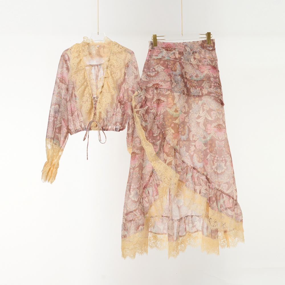 Vacation long silk linen skirt printing short tops a set