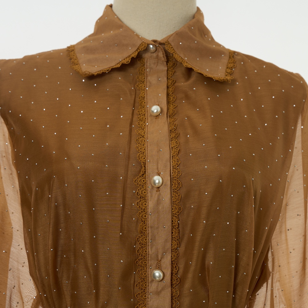 Lace street rhinestone splice loose waist frenum organza dress