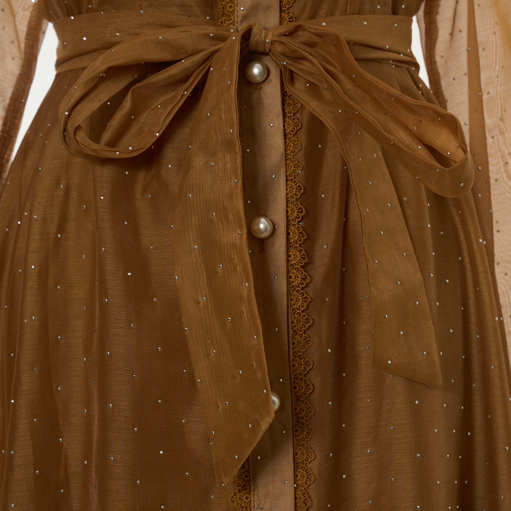 Lace street rhinestone splice loose waist frenum organza dress