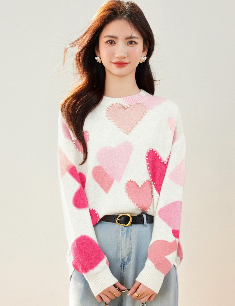 Heart beading pullover tops sweet tender sweater