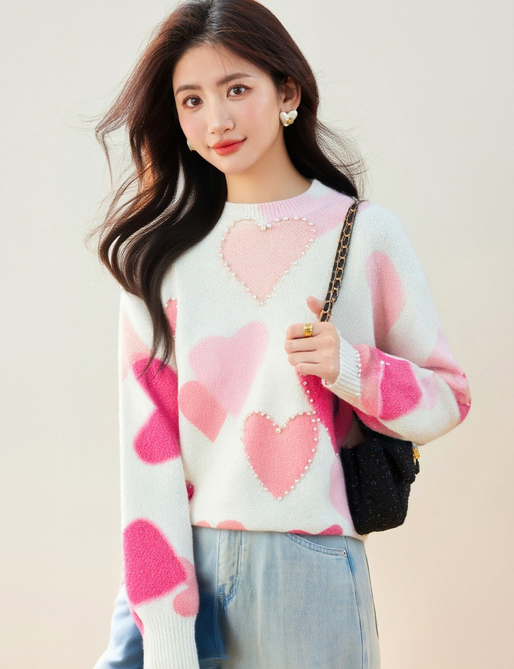 Heart beading pullover tops sweet tender sweater