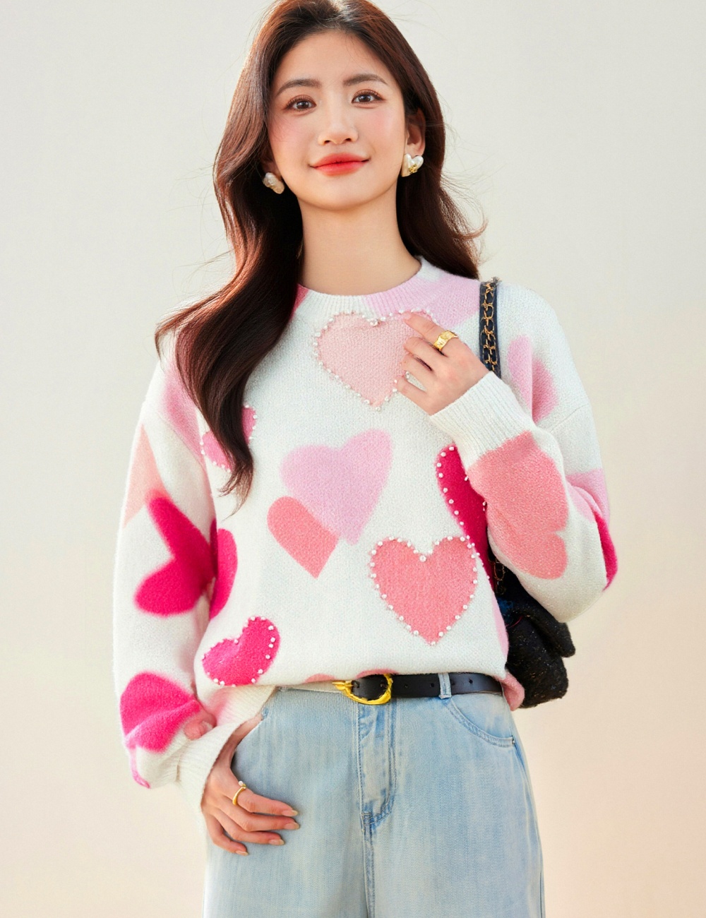 Heart beading pullover tops sweet tender sweater