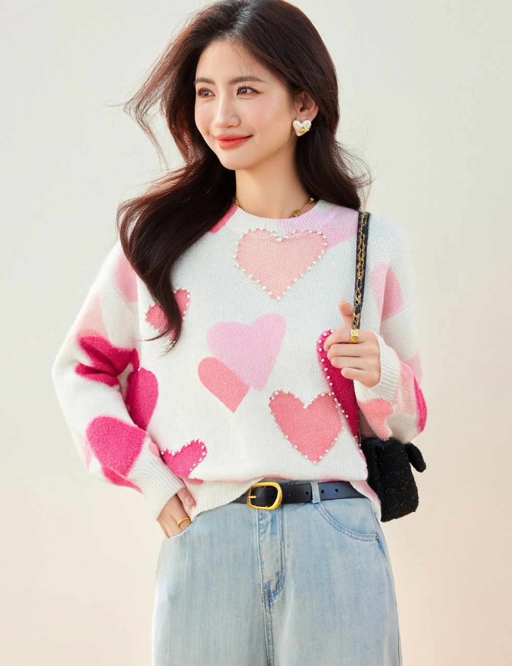 Heart beading pullover tops sweet tender sweater