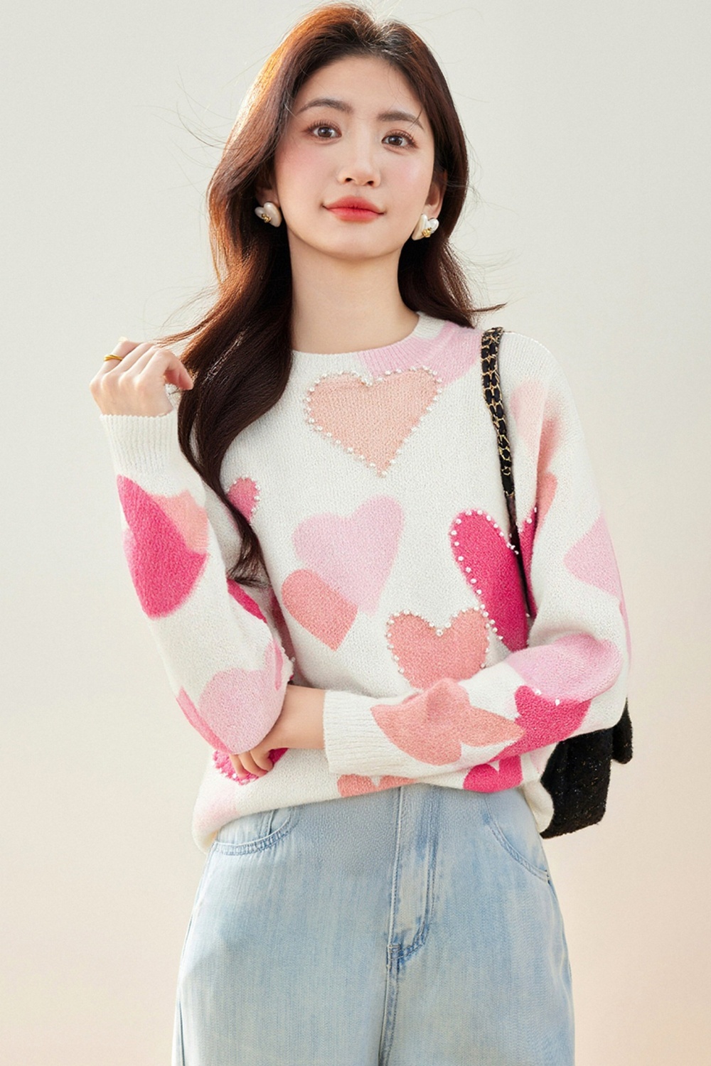 Heart beading pullover tops sweet tender sweater