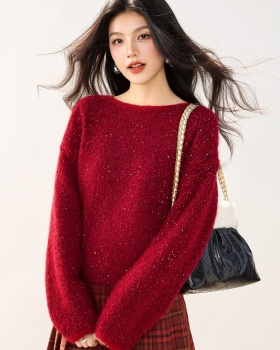 Knitted lazy christmas sweater loose red tops