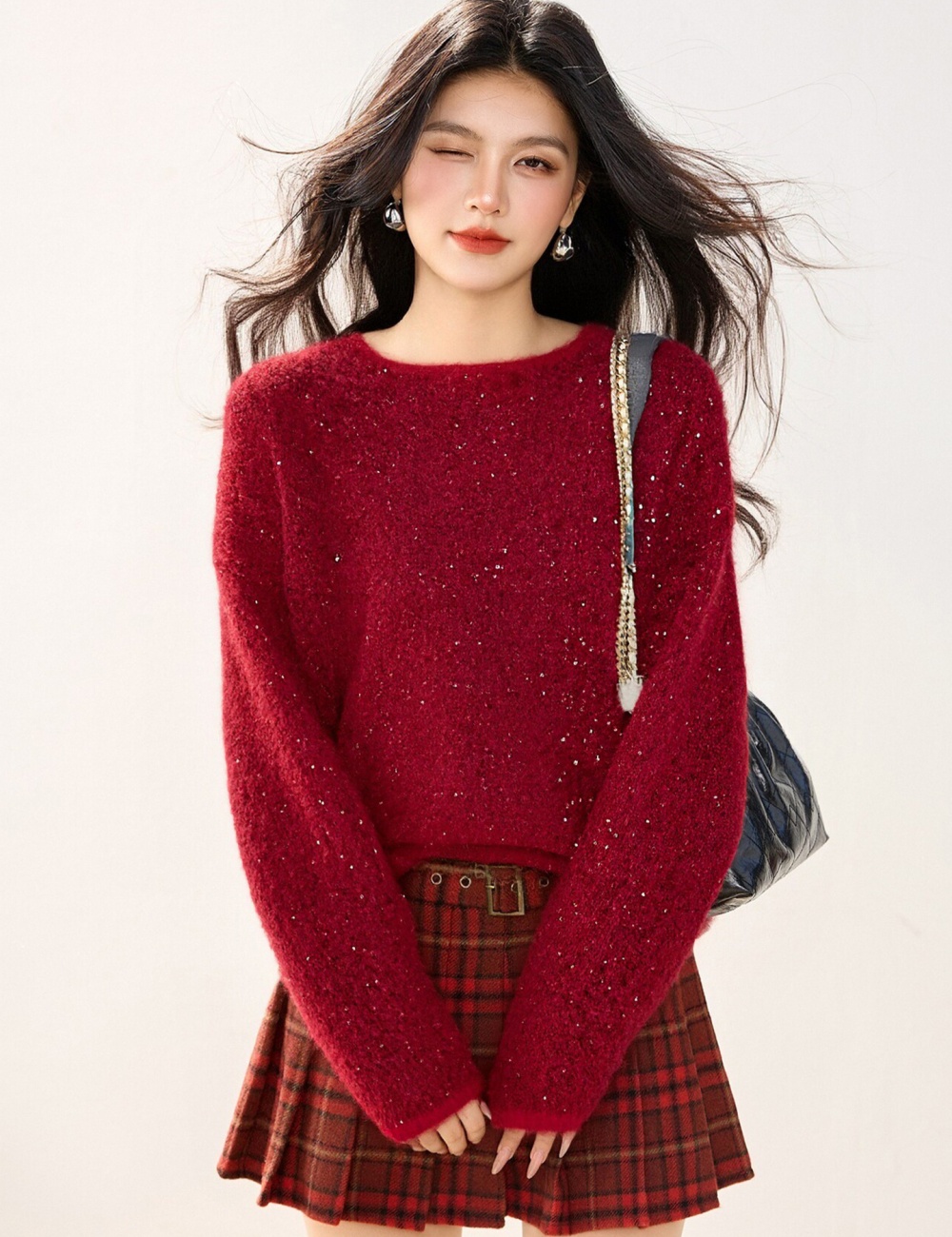 Knitted lazy christmas sweater loose red tops