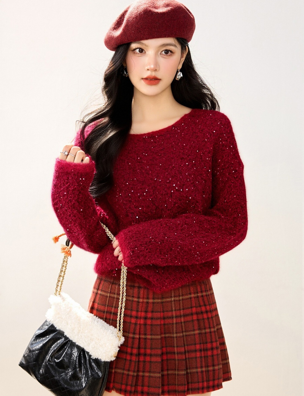 Knitted lazy christmas sweater loose red tops