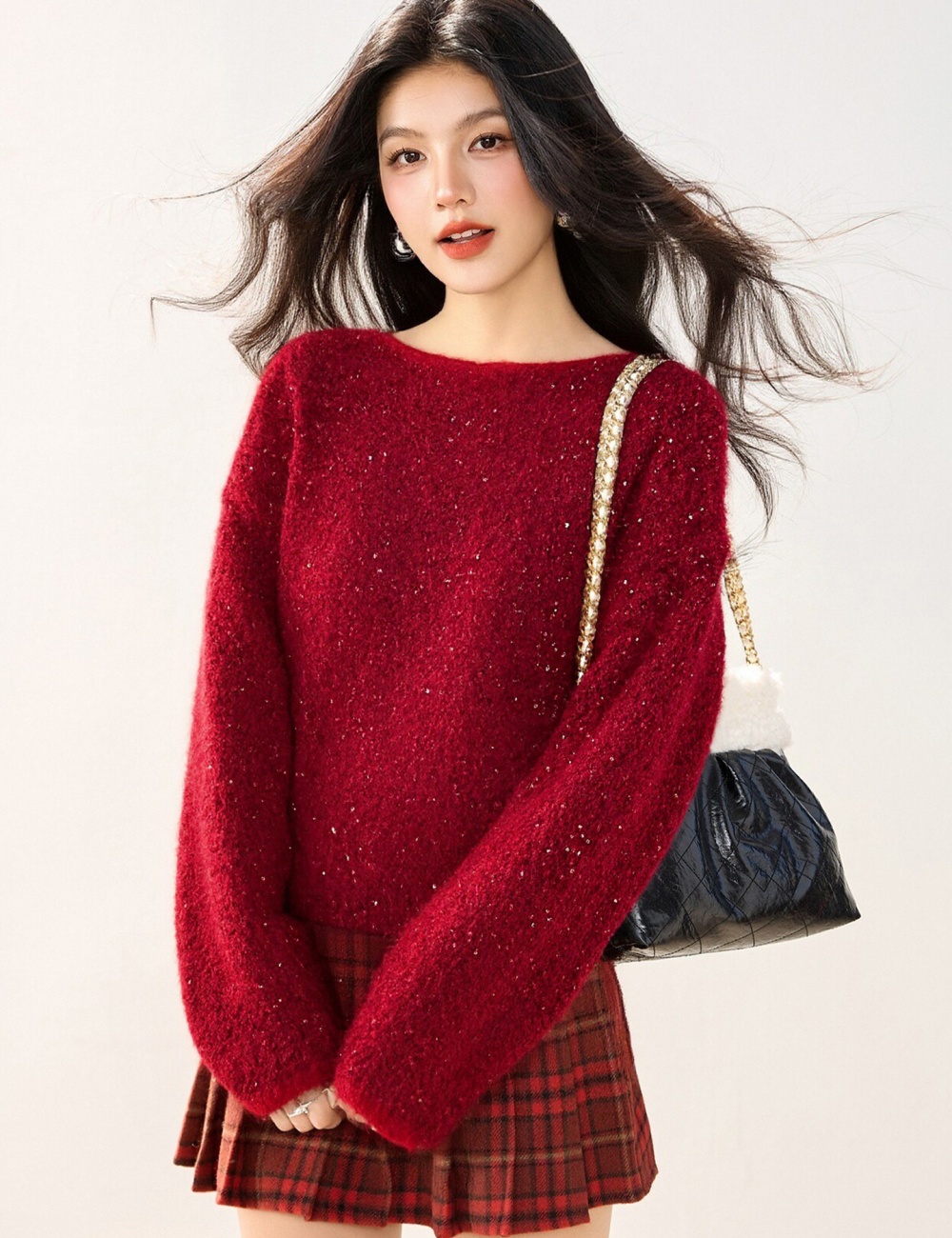Knitted lazy christmas sweater loose red tops