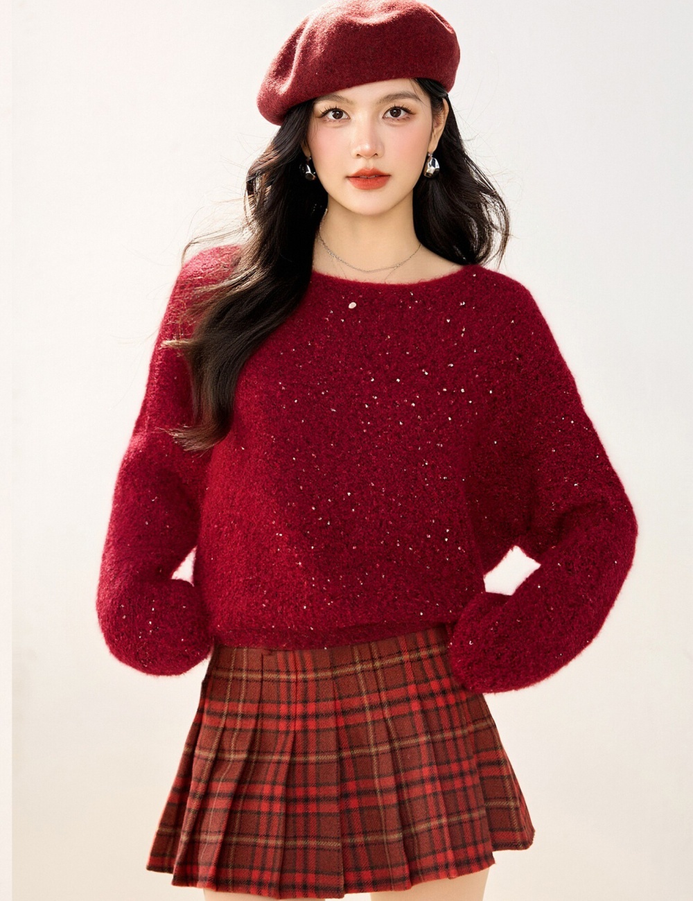 Knitted lazy christmas sweater loose red tops
