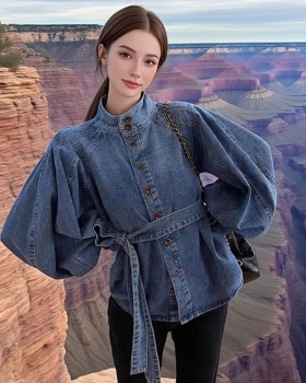 All-match retro bandage lantern sleeve cstand collar tops