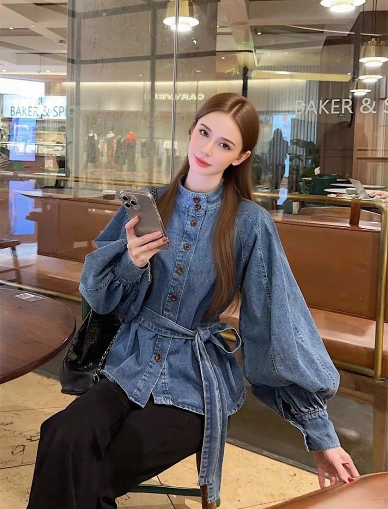 All-match retro bandage lantern sleeve cstand collar tops