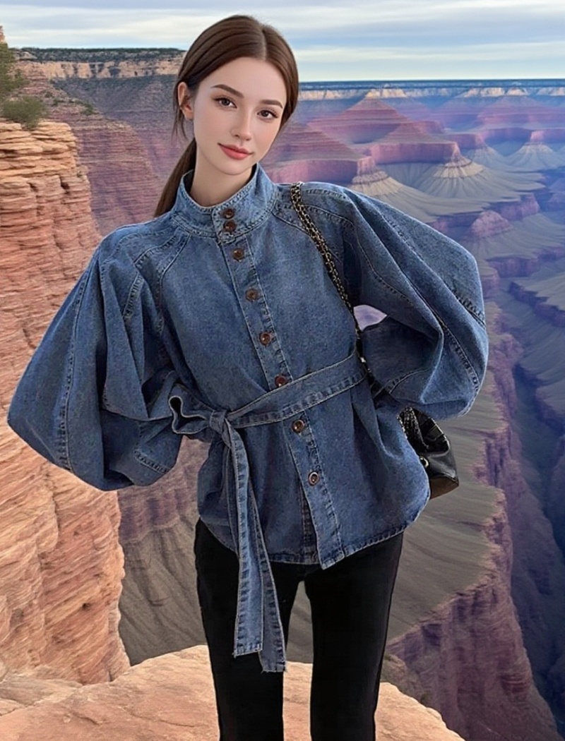 All-match retro bandage lantern sleeve cstand collar tops